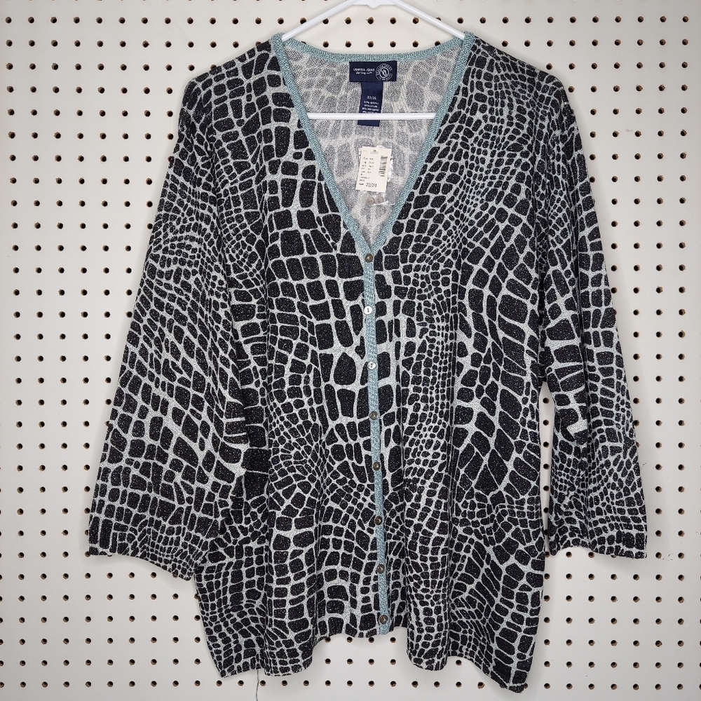 Venezia Vintage Cardigan Women‎ 3X Button V-Neck Animal Metallic 3/4 Y2K